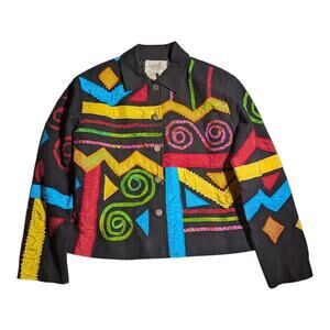 Vtg 1990s Daniel K Black Colorful Neon Geometric Patchwork Cotton Jacket Sz M